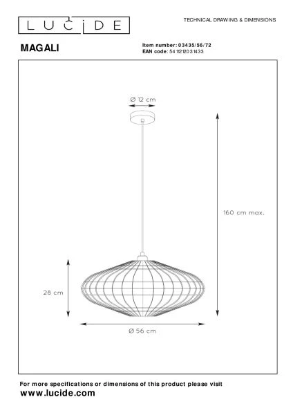 Lucide MAGALI - Hanglamp - Ø 56 cm - 1xE27 - Licht hout - technisch